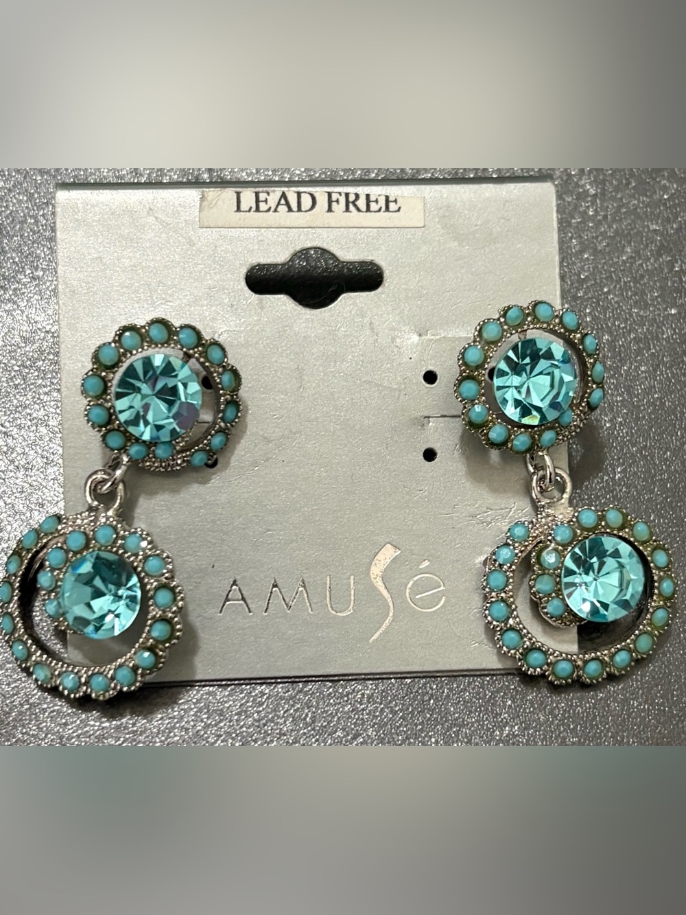 Amuse Turquoise Crystal Double Drop Earrings - Silver Tone